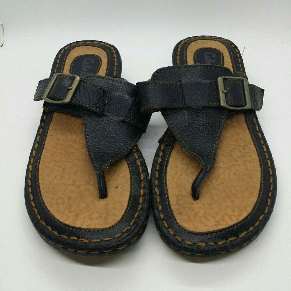 Cabelas Black Leather Comfy Thong Sandals Sz 6M